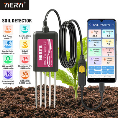 YIERYI Testeur de sol USB 8 en 1 avec moniteur en temps réel, contrôle de l'application, pH-mètre, capteur d'humidité, NPK, EC, température et fertilité pour jardin