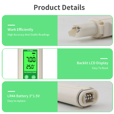 YiERYi YG-9908 Testeur de qualité de l' eau 4 en 1 PH / TDS / EC / température stylo de test multifonctionnel avec conception portable de haute précision