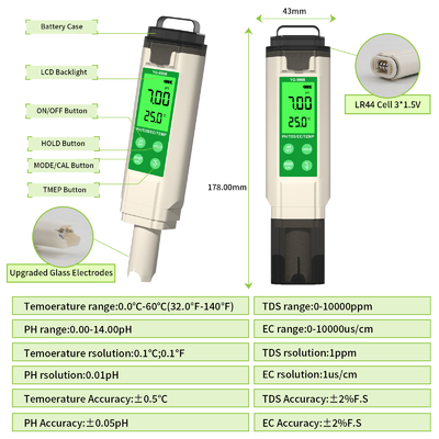 YiERYi YG-9908 Testeur de qualité de l' eau 4 en 1 PH / TDS / EC / température stylo de test multifonctionnel avec conception portable de haute précision