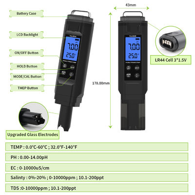 Testeur de qualité de l'eau 5 en 1 - pH/Sel/TDS/CE/Thermomètre pour aquarium, piscine et maison