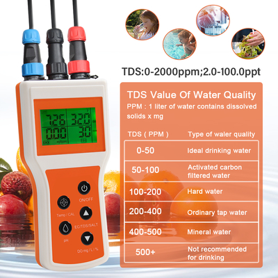 Analyseur de qualité de l'eau portable intelligent 6-en-1 : oxygène dissous/pH/TDS/CE/SEL/TEMP