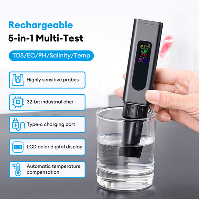 Nouveau testeur de qualité de l'eau 5-en-1 rechargeable par USB – Écran couleur TDS, sel, CE, pH, testeur de température