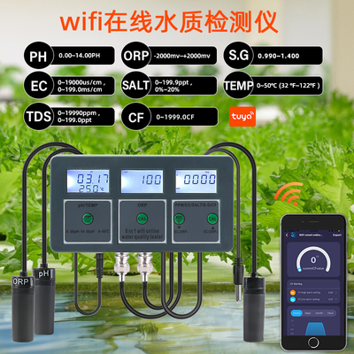 Tuya WiFi Smart pH-mètre sans fil et enregistreur de données avec analyseur de qualité de l'eau multi-paramètres contrôlé par application pour aquariums, piscines et hydroponie