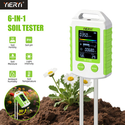 Testeur de sol YIERYI 6 en 1 avec écran rotatif à 90° pour une opération en une seule étape - Mesure le pH, la fertilité, l'humidité, la lumière, la température et l'humidité
