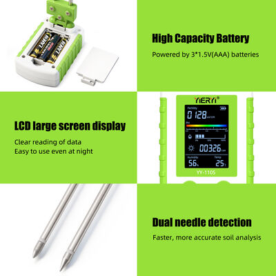 Testeur de sol YIERYI 6 en 1 avec écran rotatif à 90° pour une opération en une seule étape - Mesure le pH, la fertilité, l'humidité, la lumière, la température et l'humidité