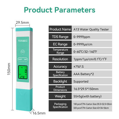 TDS-mètre à eau en alliage de titane durable de haute précision avec plage de TDS de 0 à 9999 ppm et mesure du pH multiparamétrique