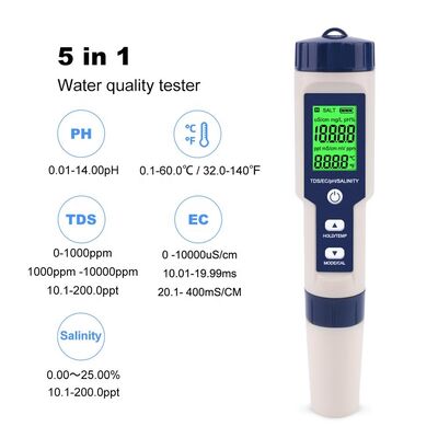 Testeur numérique de qualité de l'eau 5 en 1 avec IP67 et électrode détachable de haute sensibilité pour une mesure précise du pH EC TDS de la salinité et de la température