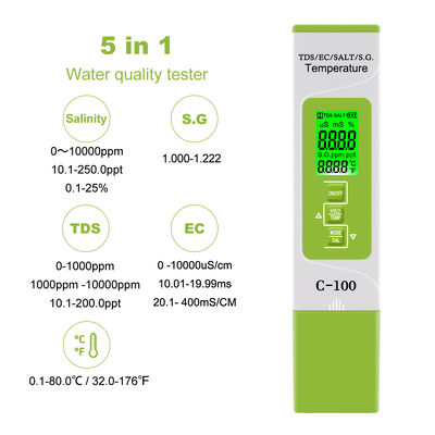 Testeur de qualité de l'eau 5 en 1 avec écran LCD, haute précision et design compact pour aquarium et piscine