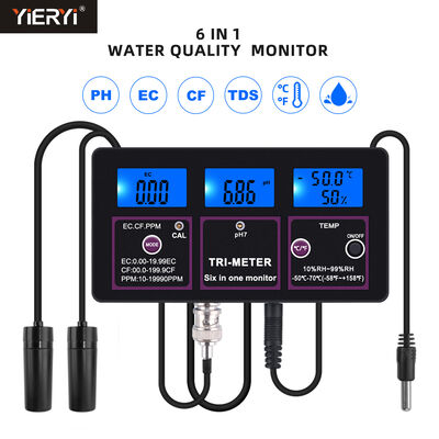 Testeur de qualité de l'eau 6 en 1 avec écran LCD et compensation automatique de la température pour PH TDS EC CF RH TEMP