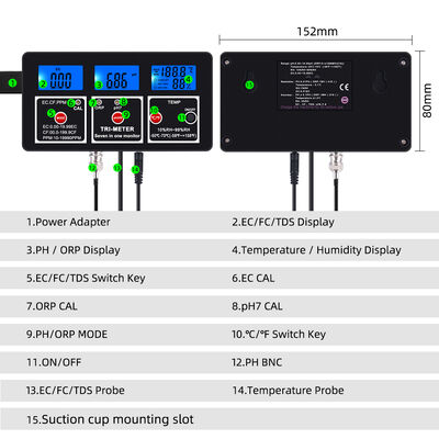 Testeur de qualité de l'eau multi-paramètres 7 en 1 avec écran LCD et compensation automatique de la température pour aquarium et piscine
