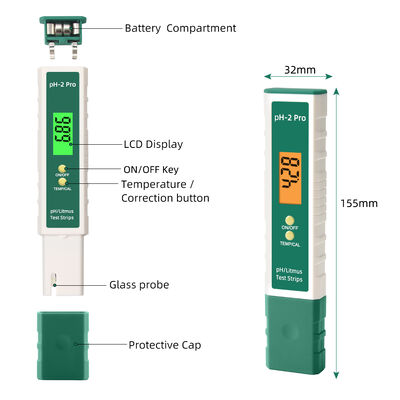 PH-2 Pro pH Meter with Backlit LCD Display Automatic Temperature Compensation and Power-off Data Storage for Water Quality Testing