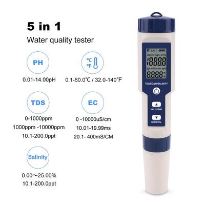 5 in 1 Functionality Digital Water Tester with IP67 Waterproof and Automatic Temperature Compensation for Pools and Aquariums