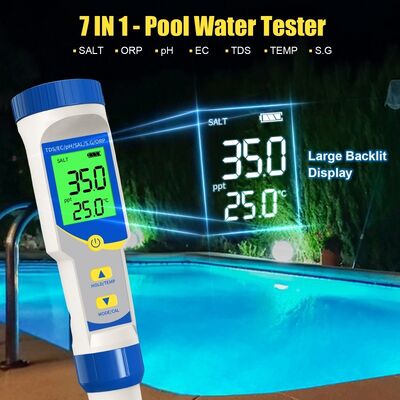 Testeur d'eau numérique multifonctionnel 7 en 1 avec sonde haute précision et écran LCD rétroéclairé pour les tests de qualité de l'eau des piscines et des aquariums