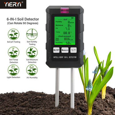 YiERYi 6-IN-1 Soil Detector 3.5-9pH/0-99% Moisture/0-3000μs/cm Fertility 90° Rotatable Screen