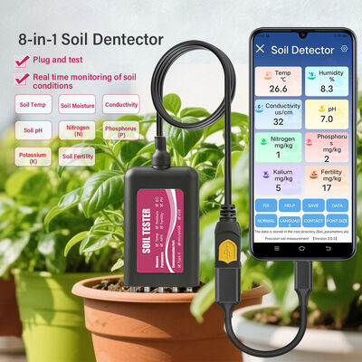 YIERYI Testeur de sol USB 8 en 1 avec moniteur en temps réel, contrôle de l'application, pH-mètre, capteur d'humidité, NPK, EC, température et fertilité pour jardin