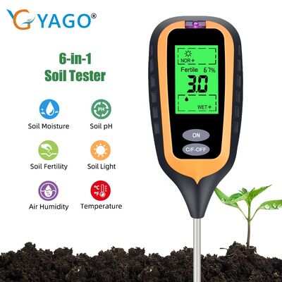 PH-mètre de sol 6 en 1, outil de test multifonctionnel du PH du sol de jardin, de la fertilité, de l'humidité, de la lumière, de l'air et de la température