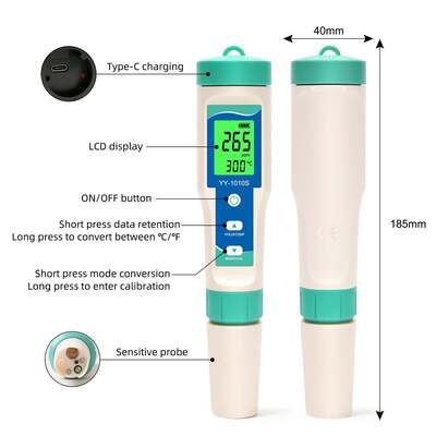 Stylo de test de qualité de l'eau YY-1010S 10-en-1 PH TDS EC Salinité ORP H2 S G Température Chlore Résistivité
