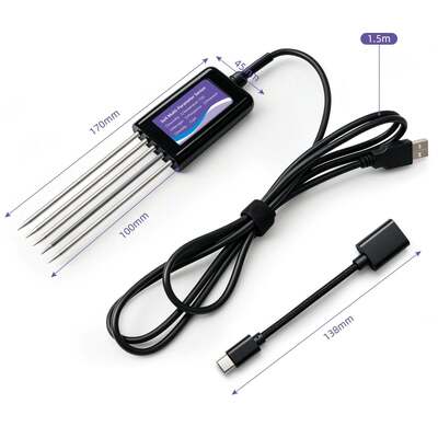 Testeur de sol connecté USB-C amélioré avec fonction de stockage de données EC, température, humidité, pH, fertilité et N-P-K