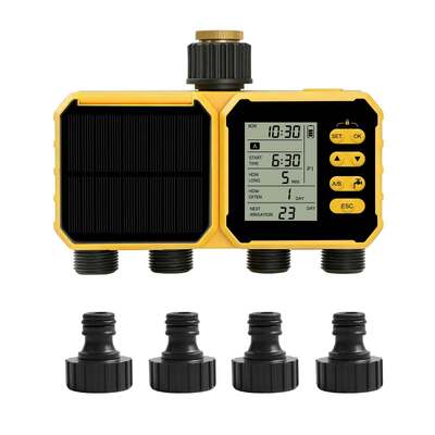 Minuteur d'arrosage solaire YiERYI 4 sorties avec capteur de pluie, système d'arrosage automatique programmé avec verrouillage enfant pour jardin, pelouse, ferme, vanne d'irrigation