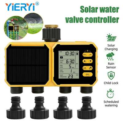 Minuteur d'arrosage solaire YiERYI 4 sorties avec capteur de pluie, système d'arrosage automatique programmé avec verrouillage enfant pour jardin, pelouse, ferme, vanne d'irrigation