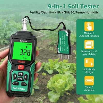 YG-09s9 9-en-1 PH/BC/salinité/fertilité/azote, phosphore, potassium/température/humidité testeur de sol portatif peut stocker et afficher 12 ensembles de dossiers