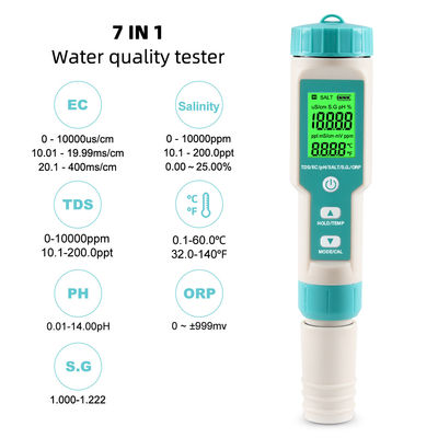 7 en 1 testeur de qualité de l'eau - EC/salinité/TDS/temp/pH/ORP/S.G.