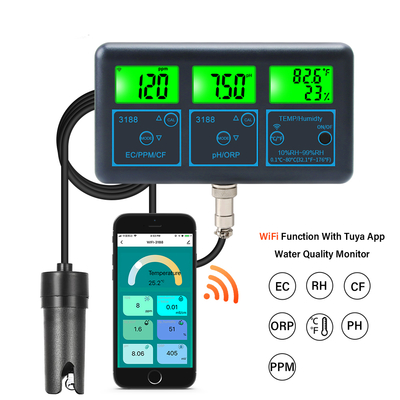 Testeur en ligne de qualité de l'eau multifonction numérique pH WiFi Tuya App - 7 en 1 pH, EC, ORP, TDS, HR%, CF, Température