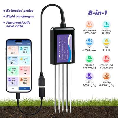 Testeur de sol connecté USB-C amélioré avec fonction de stockage de données EC, température, humidité, pH, fertilité et N-P-K
