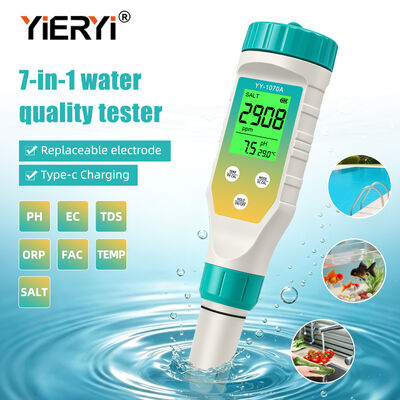 Stylo de test de qualité de l'eau 7 en 1, pH Salinité ORP TDS EC FAC TEMP, affichage rétroéclairé vert simultané, rechargeable